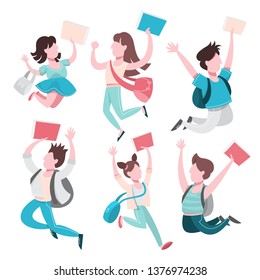 School children set. Collection of kid jumping and having fun. Group of excited boys and girls with backpack. Isolated vector illustration in cartoon style
