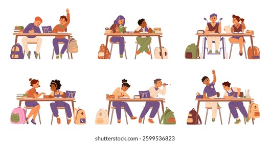School children sitting in pairs at desks studying flat vector illustrations set isolated on white. Pupils of different races and abilities with school supplies and backpacks.