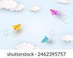 School or children sky cloudy background. 3d flying yellow, blue and pink paper airplanes. Vector cartoon color kids planes in air