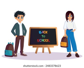 School children standing near the blackboard, holding backpacks in their hands. Back to school and the concept of education for banners, postcards, flyers.