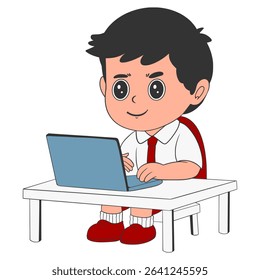 School children are studying using laptop at study table cartoon illustration
