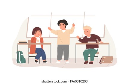 Niños de la escuela hablando en el aula durante el descanso. Niño contando la historia a sus amigos. Felices escolares charlando. Ilustración vectorial plana de los compañeros de clase aislados en fondo blanco