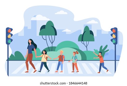 School children and teacher crossing street. Pedestrians, kids, traffic light flat vector illustration. Crosswalk, safety, warning concept for banner, website design or landing web page