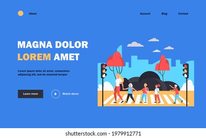 School children and teacher crossing street. Pedestrians, kids, traffic light flat vector illustration. Crosswalk, safety, warning concept for banner, website design or landing web page