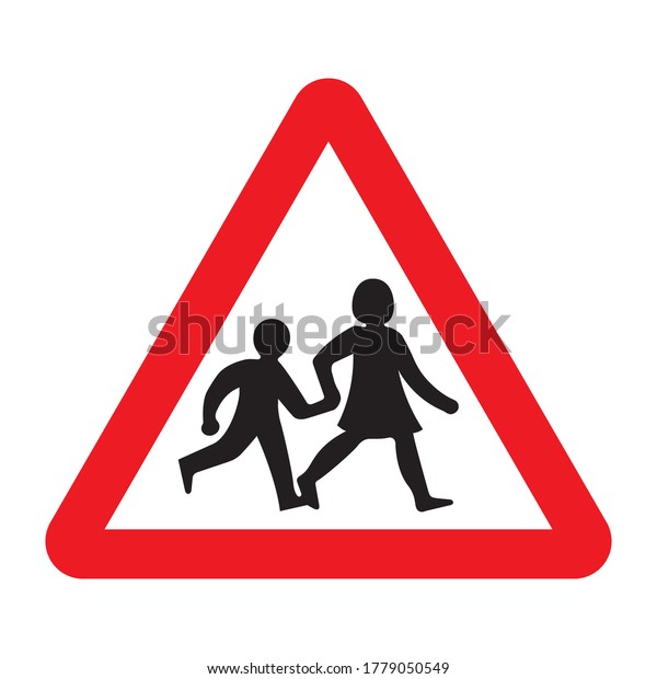 School children\
traffic sign. Red triangle warning road sign with two school\
children crossing inside. School zone symbol. Beware kids crossing\
road. Vector\
illustration.