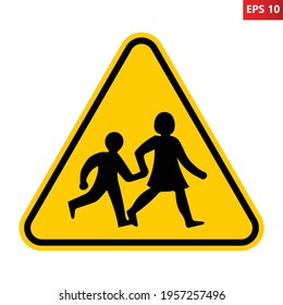 School children traffic sign. Vector illustration of yellow triangle warning road sign with two school children crossing inside. School zone symbol. Beware kids crossing road.