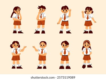 School Children in Uniform Illustration Set. A set of eight illustrations featuring schoolchildren in uniforms, showcasing cheerful and thoughtful poses. Perfect for education themes