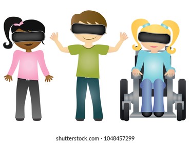 School children with virtual reality glasses