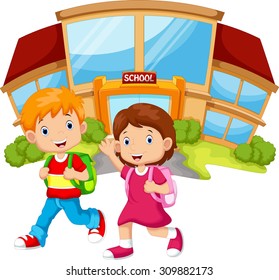 school children walking in front of the school building