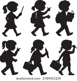 School Children Walking Silhouette Vector Set – Students with Backpacks, Bags, and Books Illustration