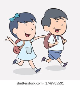 School children walking and talking.hand drawn style vector design illustrations.
