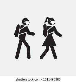 School Children Wearing Protective Face Mask Icon. School Kids Symbol For Coronavirus Pandemic. Schoolboy And Schoolgirl With Face Mask And Backpack Going To School. Classmates During COVID-19