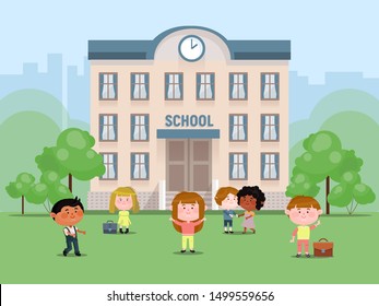 School children in the yard in front of the elementary vector illustration. Girls and boys with bags. Schoolmates. Back to school playground.