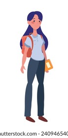 School Children, Young casual woman on white background. He's confident and relaxed in himself. Flat graphic animation, vector illustration isolated on white background.  Education concept.