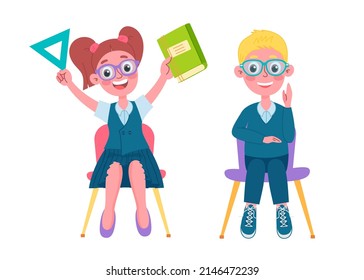 Escolares, alumnos, personajes lindos. Ilustración vectorial en estilo plano
