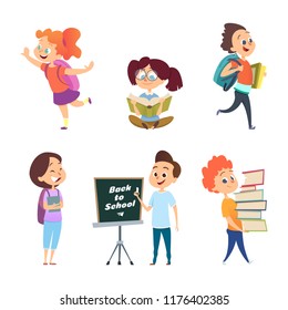 School childrens. Back to school characters. School education, girl and boy. Vector illustration