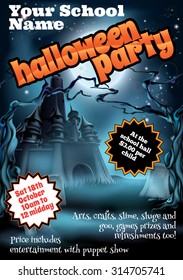 School childrens Halloween Party poster invite invitation or flyer with pumpkins and full moon and spooky castle, trees and tombstones
