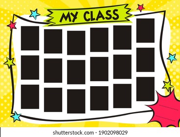 School Children's photo frame in pop art style. Bright page for class photos. Template for the design of frames for photographs, posters, cards, stickers. Vector illustration.