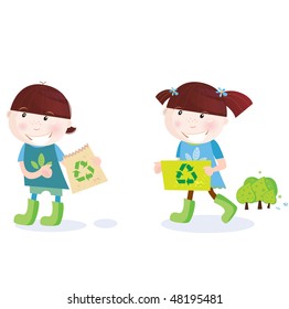 School childrens with recycle symbol. Recycle and save trees! Vector Illustration of school girl and boy with recycle signs.