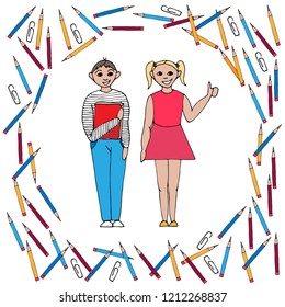 school Circle made of ellements,pupils go to school,pencils vector,color set,happy children