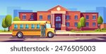 School cityscape with yellow bus background banner for game design. Highschool exterior building with entrance and windows, students transport at city street with trees. Vector cartoon illustration