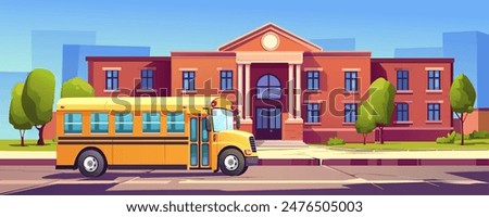 School cityscape with yellow bus background banner for game design. Highschool exterior building with entrance and windows, students transport at city street with trees. Vector cartoon illustration