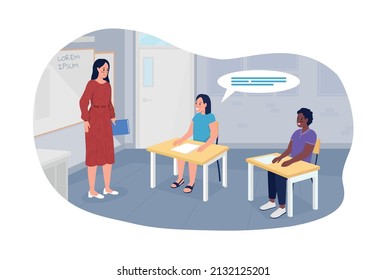 School class 2D vector isolated illustration. Female teacher and pupils flat characters on cartoon background. Acquire knowledge. Classroom colourful scene for mobile, website, presentation