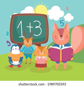 school class animals with chalkboard book