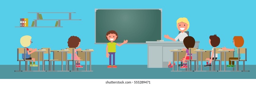 school. Class meets boy at the blackboard Vector illustration. flat design style. suitable for animation (individual segments)