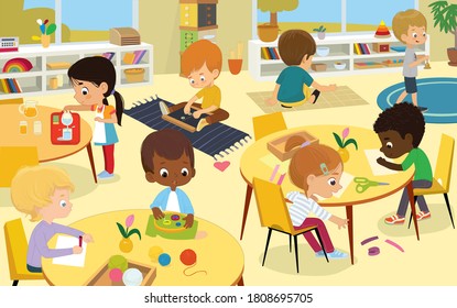 School Class. Multicultural Children In Play The Playroom, Boys And Girls Involved In Montessori Activities - Sew, Make A Collage, Pour Water, Walking With The Bell, Draw, Make Collage, And Buttons Up