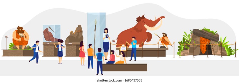 School class in natural history museum, primitive people stone age exhibition, vector illustration. Teacher guide children, historic lesson of human society evolution. Caveman hunting mammoth, cartoon