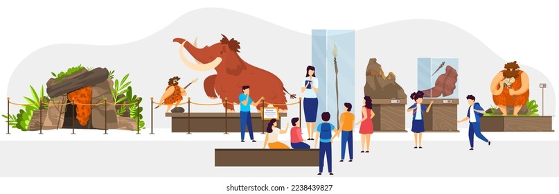School class in natural history museum, primitive people stone age exhibition, vector illustration