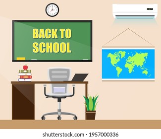 School Class Room Interior Board Desk Flat Vector Illustration