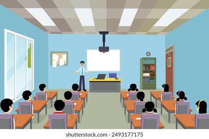 Digitaler Klassenzimmer Vektorgrafik Hintergrund, Lehrer mit Schüler Klassenzimmer Hintergrund 