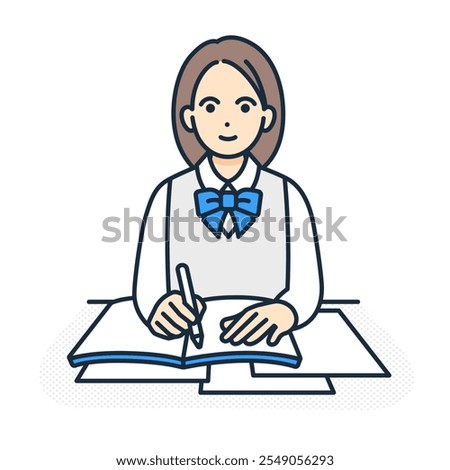 A school class scene. A girl taking notes. An illustration of a high school girl sitting at a desk and studying.