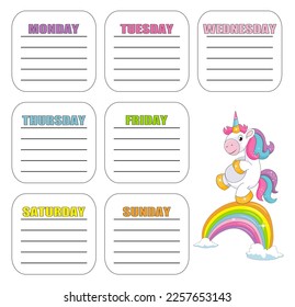 Calendario de clases escolares con caricatura de unicornio. Para la educación infantilPuede utilizarse para sus impresiones, proyectos o uso web