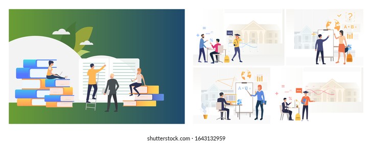 School class set. Student and teacher or professor communication. Flat vector illustrations. Education concept for banner, website design or landing web page