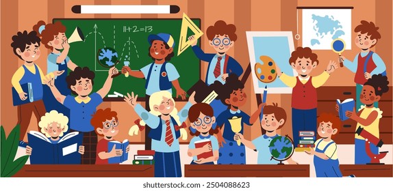 School class. Students studying. Kids in classroom. Elementary education. Happy children multicultural group. Lessons learning. Books and stationery. Different academy sciences. Vector tidy background