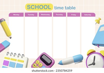 Calendario de clase escolar. Material de oficina y escuela 3D. Planificador escolar para la semana. Concepto de educación. De vuelta a la escuela.