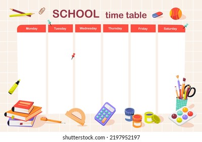 Calendario de clase escolar. Suministros escolares. Pilas de libros, bolígrafos, lápices para la oficina y la escuela. De vuelta a la escuela. Dibujo manual. Ilustración vectorial plana
