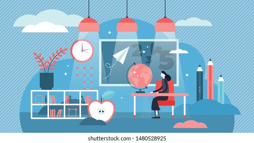 Ilustración vectorial de clase escolar. Concepto de personas en clase pupil. Clásicos libros de interiores elementales, pizarra y símbolos de lápices. Matemáticas, física, investigación química, lugar de educación.