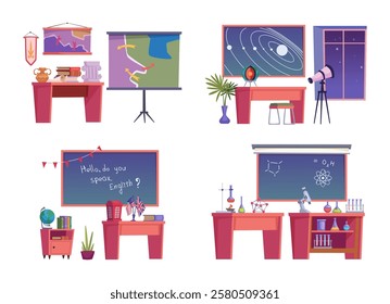 School classes. Interiors room of college arts math english literature chemistry lessons with desks exact vector set in cartoon style