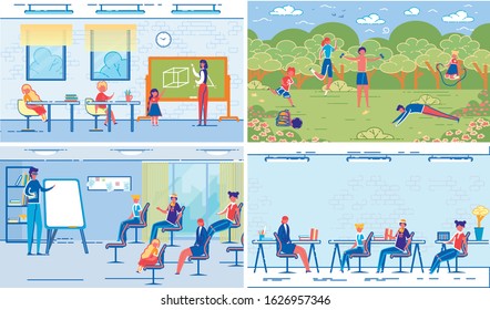 School Classes and Lessons with Teacher and Pupils Cartoon Characters Studying in Classrooms and on Schoolyard. Children Education, Development and Learning. FLat Vector Illustrations Set.
