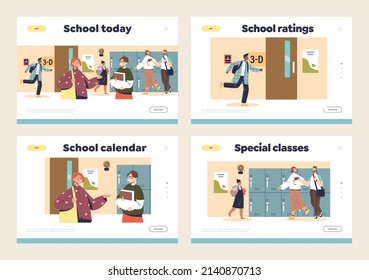 School Classes And Studying Concept Of Landing Pages Set With Pupils In School Hall Talking. Schoolboy And Schoolgirls With Backpack And Books. Cartoon Flat Vector Illustration