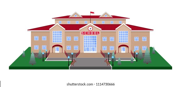 school, classic light beige brick building with red roof, clock, flag, Christmas trees, lanterns, benches. On square lawn platform with road with 3D effect, isolated image