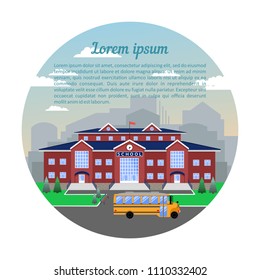 school, classic red brick building with blue roof, clock, flag, lawn and school bus.Against the city and sky.Image in circle