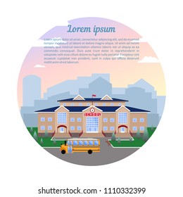 school, classical building of light brick with a blue roof,a clock,a flag,a lawn and a school bus.Against the city and sky.Image in circle