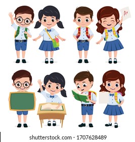 School classmate students character vector set. Back to school classmates kids elementary characters wearing uniform doing educational actives isolated in white background. Vector illustration. 