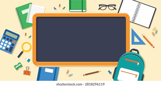 School classroom background with central chalkboard surrounded by educational supplies books calculator backpack stationery and learning tools creating colorful academic banner template for education promotion design