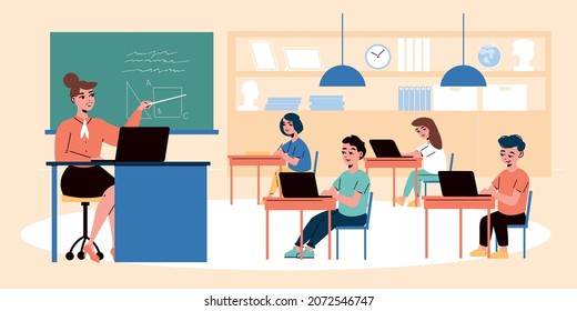 School classroom background with teacher education and learning symbols flat vector illustration